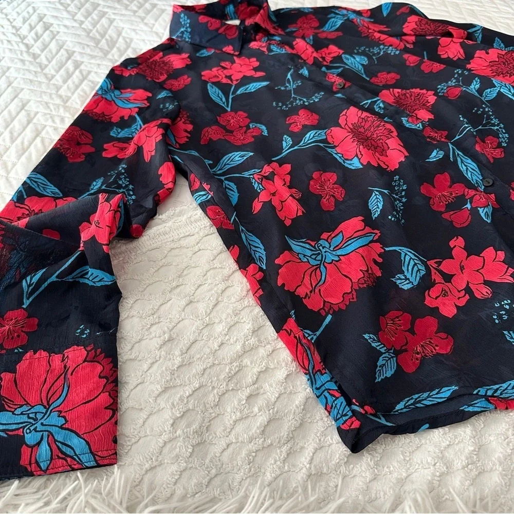 Zara Z1975 Semi-Sheer Maximalist Black Red Blue Bold Floral Blouse Size M - Picture 10 of 16